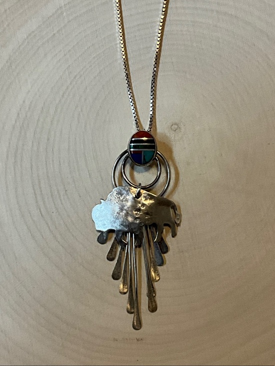 Zuni Jewelry - Sterling Silver Buffalo Pendant Necklace with Multicolor Inlay
